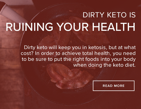 A frying pan has four short strips of bacon on it. The image reads "Dirty Keto is Ruining Your Health. Dirty keto will keep you in ketosis, but at what cost? In order to achieve total health, you need to be sure to put the right foods into your body..."