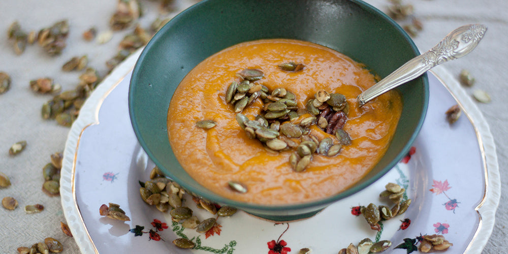 Pumpkin Soup with Spiced Toasted Pumpkin Seeds Recipe
 &ndash; Copyright Saraya USA, Inc. DBA Lakanto