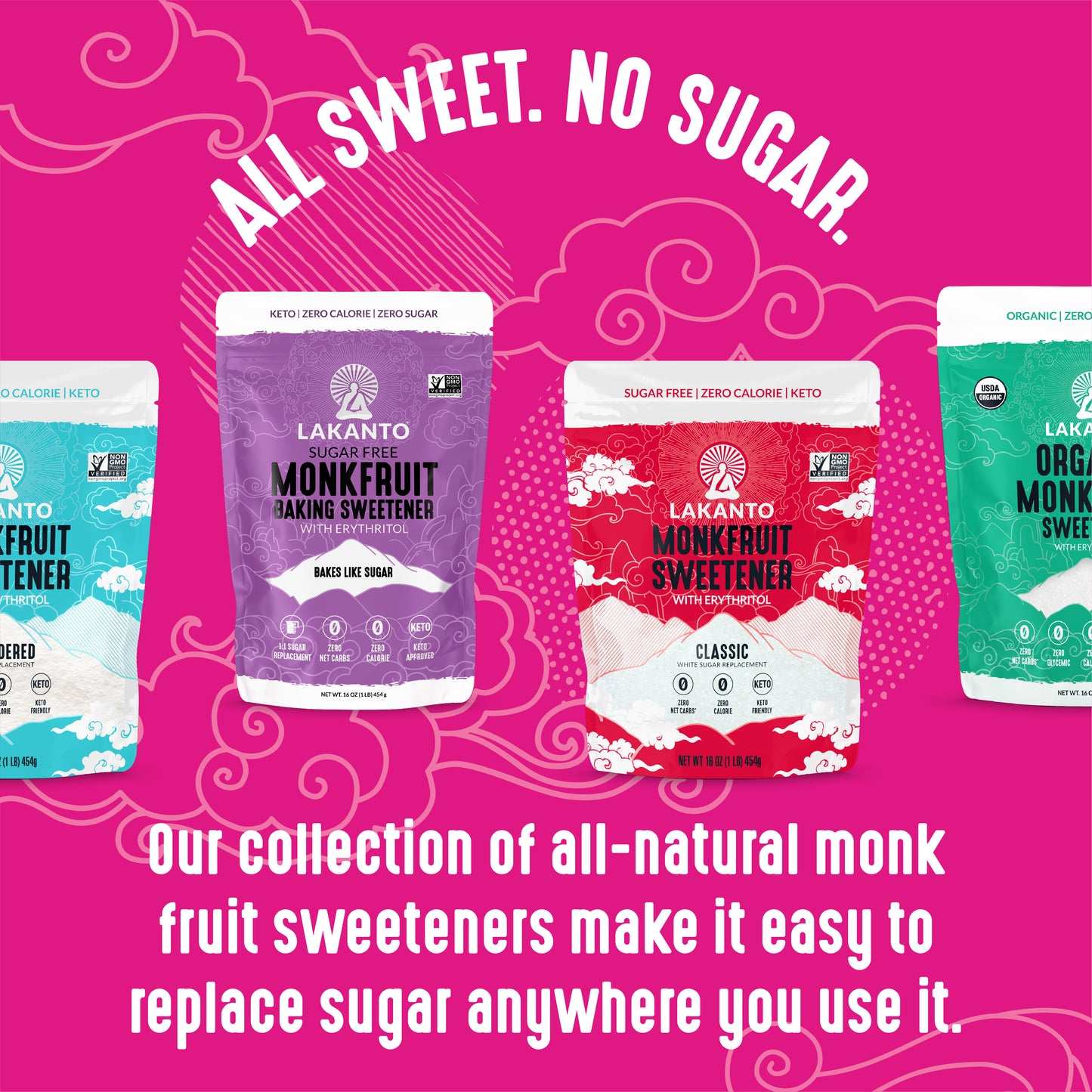 Four vibrant packages of Lakanto sweeteners on a pink background feature the text All Sweet. No Sugar. Below, it reads, Our all-natural Monkfruit and Erythritol Sweetener makes zero-calorie sugar replacement easy anywhere you use it.