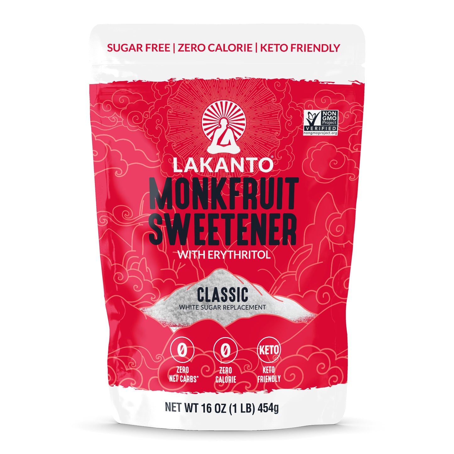 A red and white package of Lakanto Monkfruit Sweetener, featuring bold text stating Sugar Free, Zero Calorie, and Keto Friendly. The front displays a weight of 16 oz (454g) and a Non-GMO Project Verified seal.