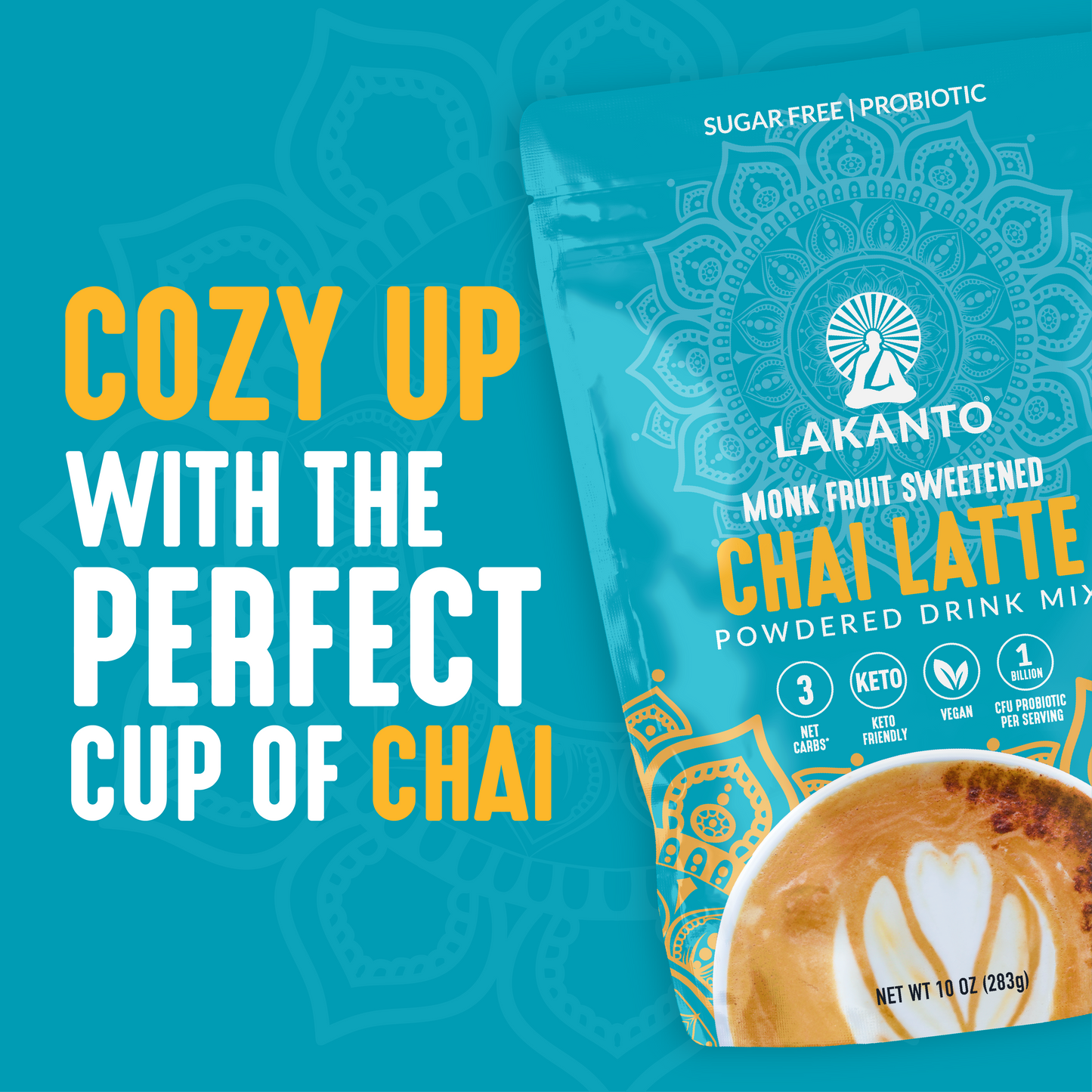 A package of Lakanto Monk Fruit Sweetened Chai Latte Drink Mix is showcased against a blue mandala backdrop. The text invites you to Cozy up with the perfect cup of chai. This sugar-free blend offers aromatic spices and probiotics for a delightful experience.