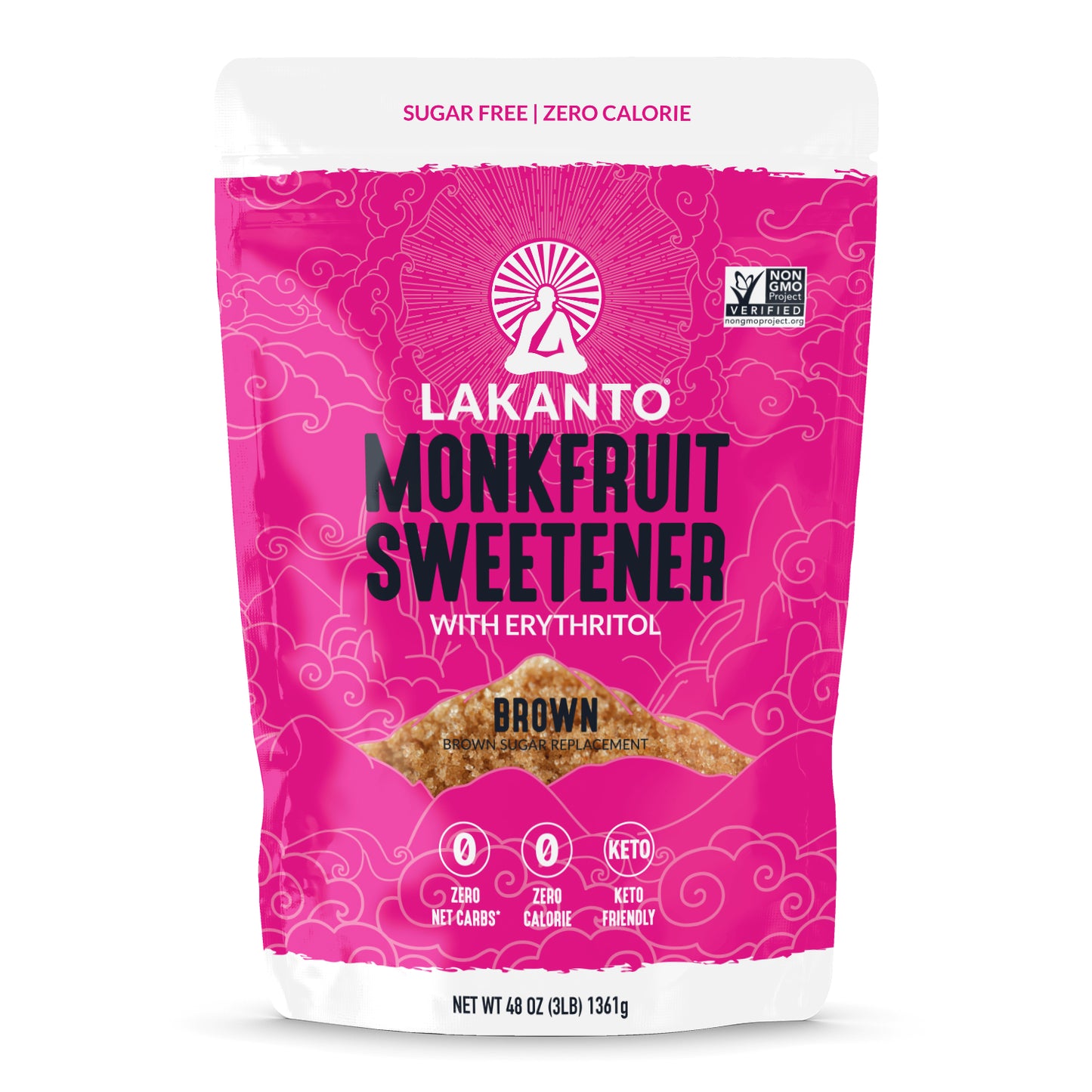 Lakantos Brown Monkfruit and Erythritol Sweetener, a 48 oz pink and white bag with a small viewing window, is a brown sugar replacement. Its sugar-free, zero calorie, non-GMO, and keto-friendly—an ideal choice for the health-conscious.