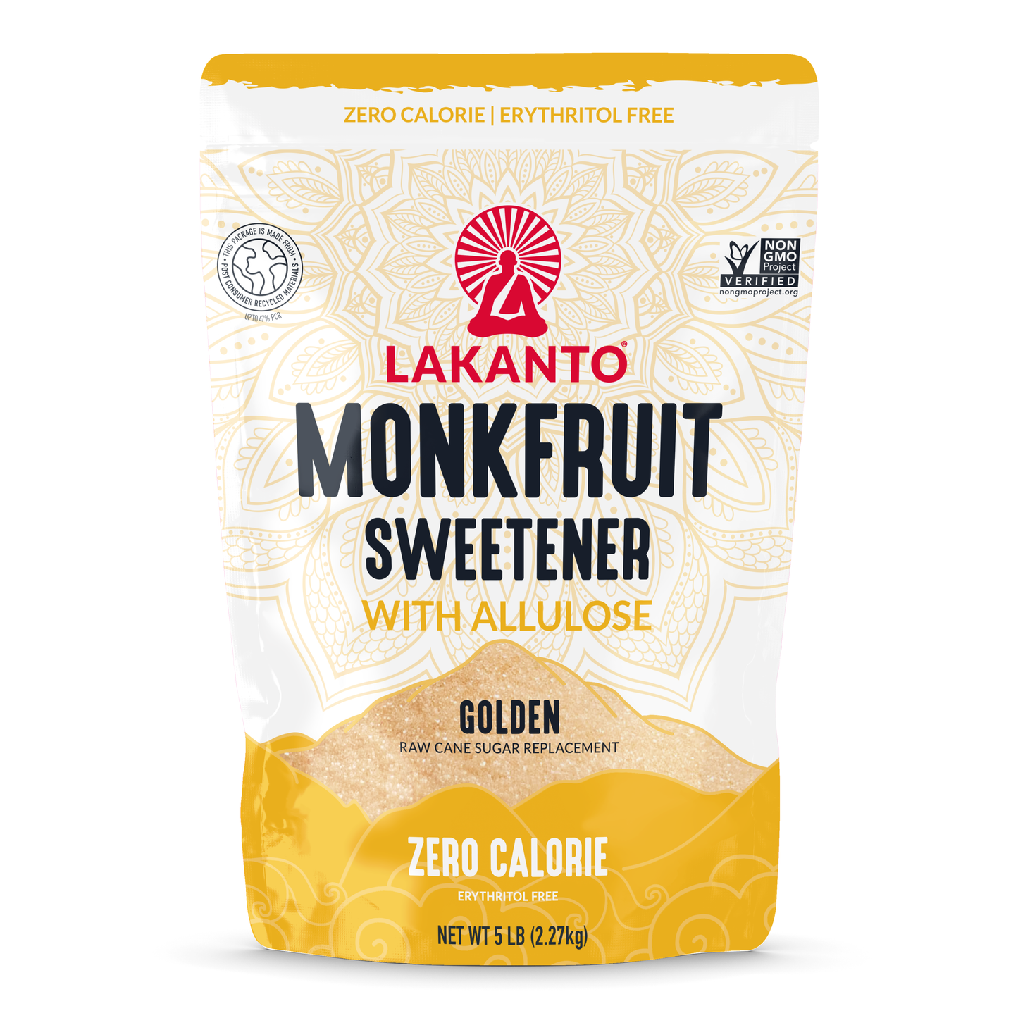 A 5 lb bag of Lakanto Golden Monkfruit Sweetener with Allulose is the perfect sweetener alternative. The elegant white and gold packaging highlights its zero-calorie, erythritol-free, non-GMO, and vegan features.