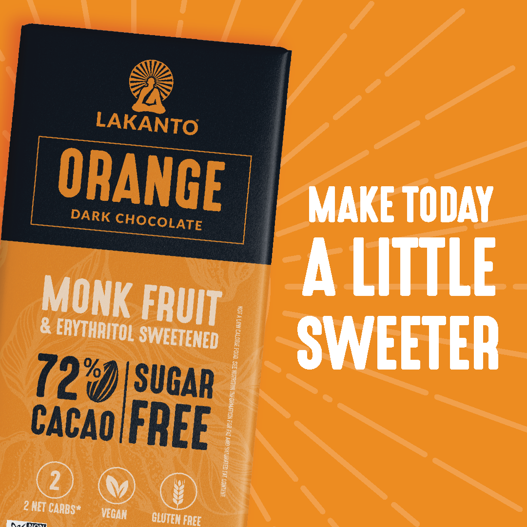An angled view of a Lakanto Orange Sugar-Free Chocolate Bar package on an orange background with Make today a little sweeter. The packaging features monk fruit, erythritol, 72% cacao, and highlights its vegan and gluten-free claims.