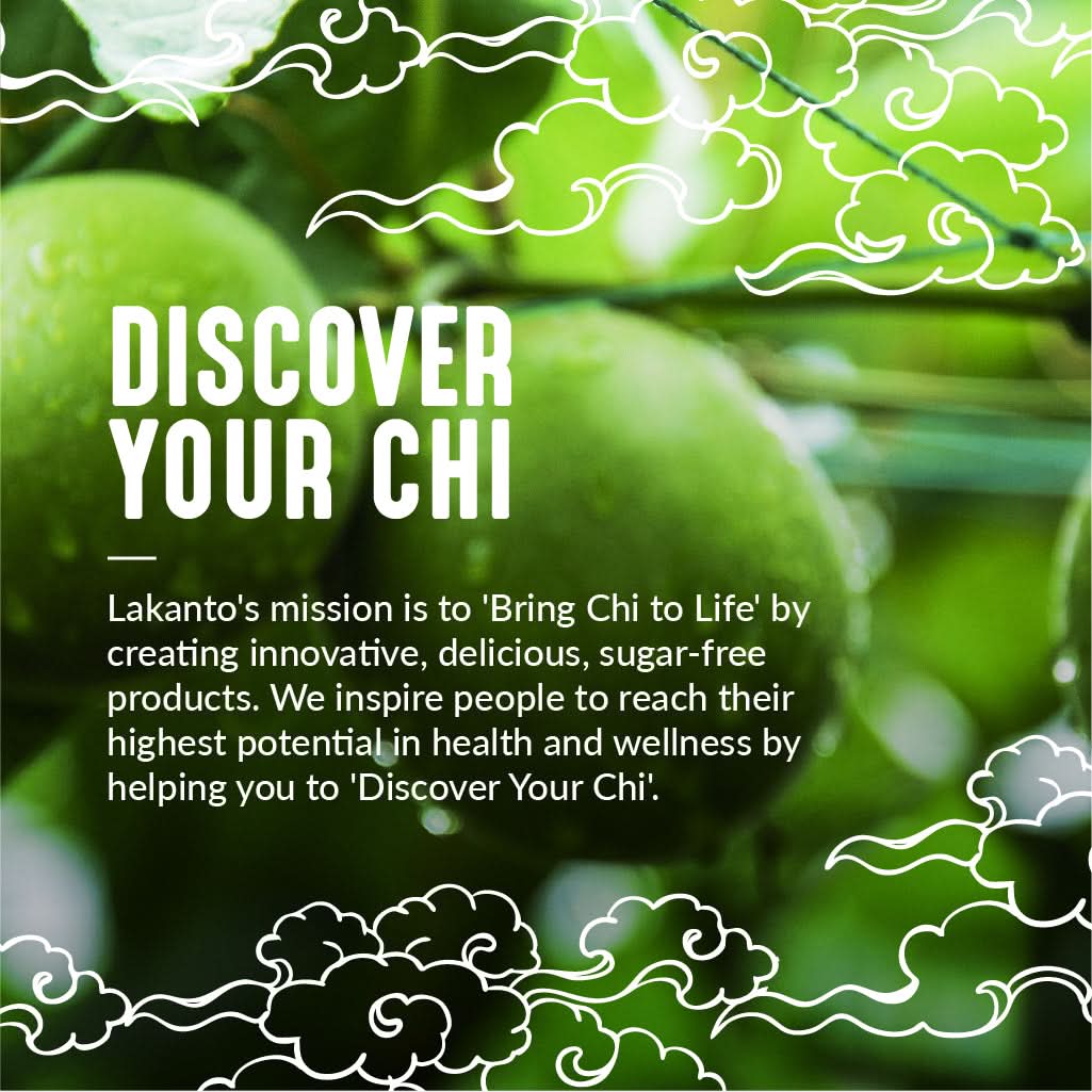 A vibrant image of fresh green fruits on a tree with white cloud designs. Text: Discover Your Chi with Lakantos Keto Friendly Sugar-Free Matcha Latte Drink Mix. Lakanto aims to Bring Chi to Life by creating delicious sugar-free products.