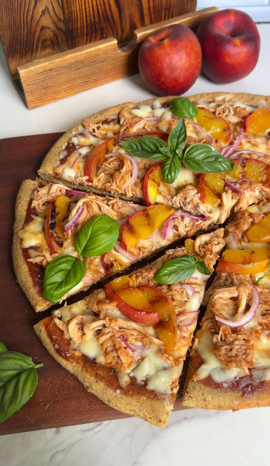 Caramelized Peach + BBQ Chicken Pizza