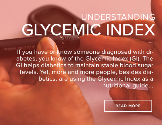 A close up image of someone doing a home blood sugar level test. They are taking a sample of their blood. The image reads: "Understanding the Glycemic Index"