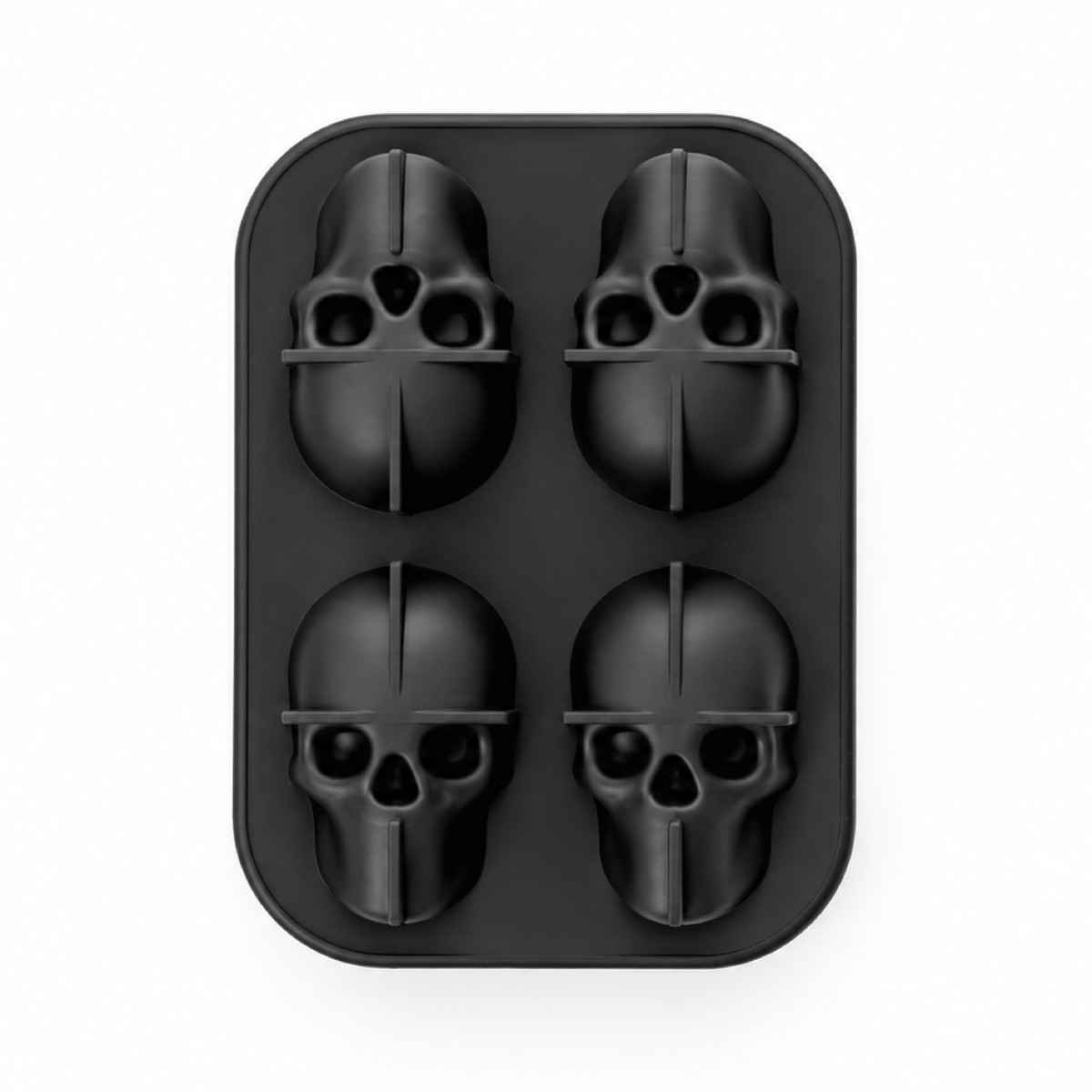 A black silicone mold with four skull-shaped cavities, shown from a top-down view on a solid white background.