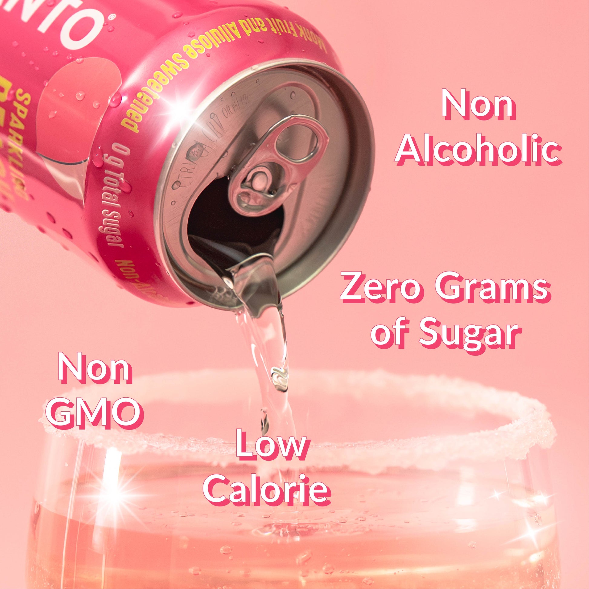 Lakanto Peach Bellini Mocktail Pink can being poured into a glass with health benefits text on a pink background; non GMO, low calorie, zero grams of sugar, non alcoholic.