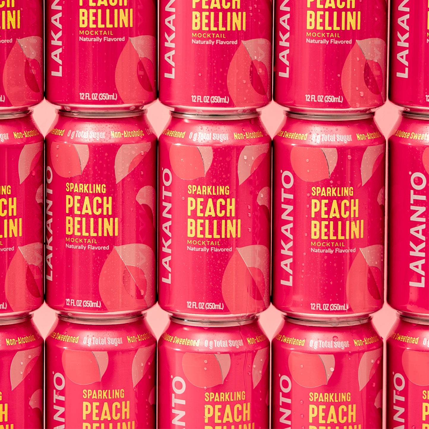 Multiple cans of Lakanto Sparkling Peach Bellini Mocktail arranged in a grid. Naturally flavored. Monk Fruit and Allulose sweetened.