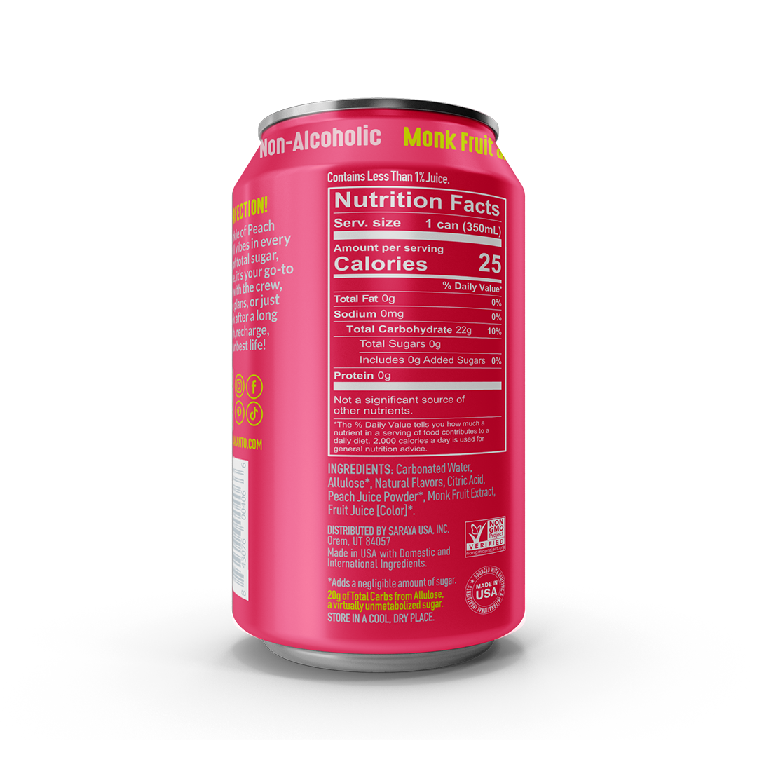 Lakanto Sparkling Peach Bellini mocktail can on a white background monk fruit sweetener with allulose naturally flavored