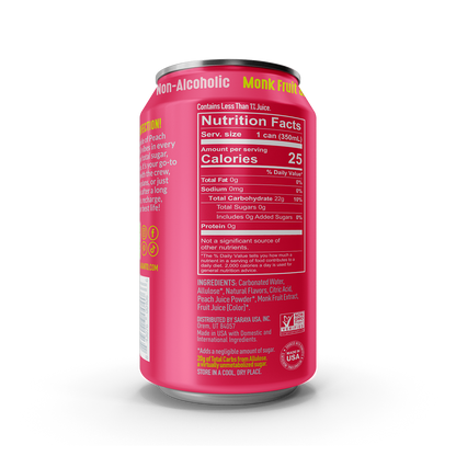 Lakanto Sparkling Peach Bellini mocktail can on a white background monk fruit sweetener with allulose naturally flavored