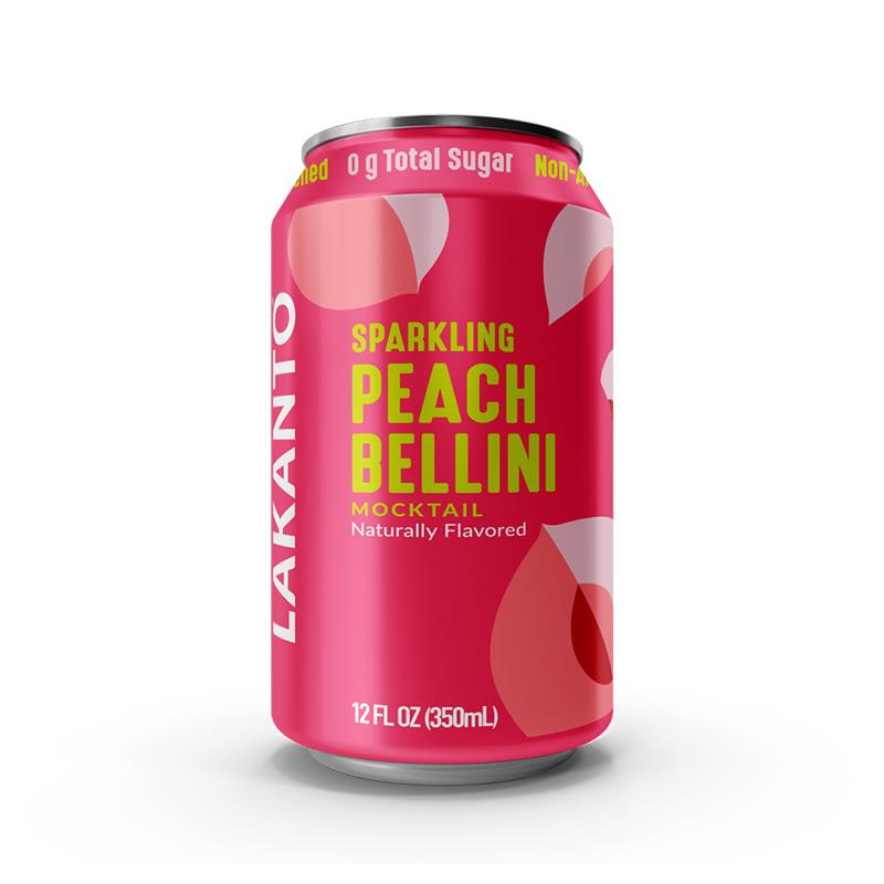 Lakanto Sparkling Peach Bellini mocktail can on a white background monk fruit sweetener with allulose naturally flavored