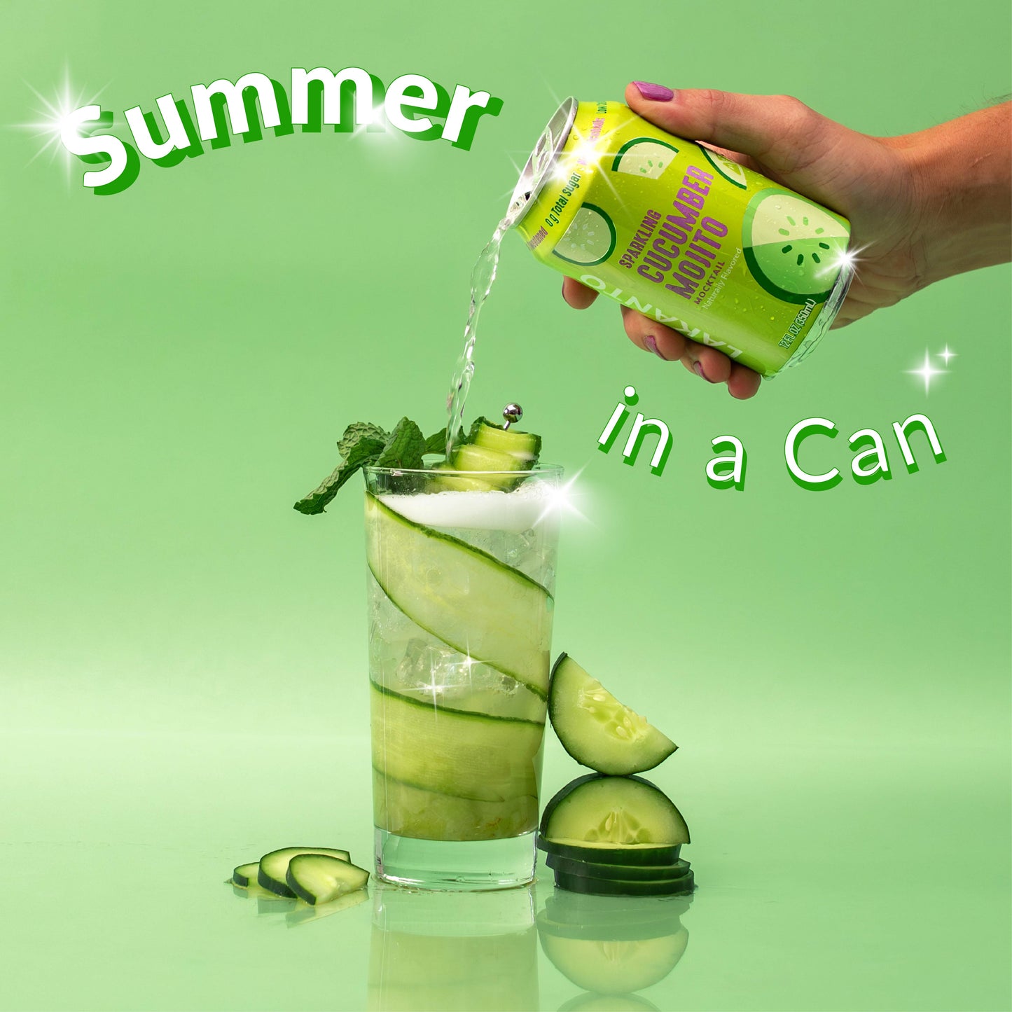 Hand pouring a can of cucumber lemonade into a glass with cucumber slices on a green background. Naturally flavored. Non alcoholic cocktail. Summer in a can. Monk fruit with allulose sweetener