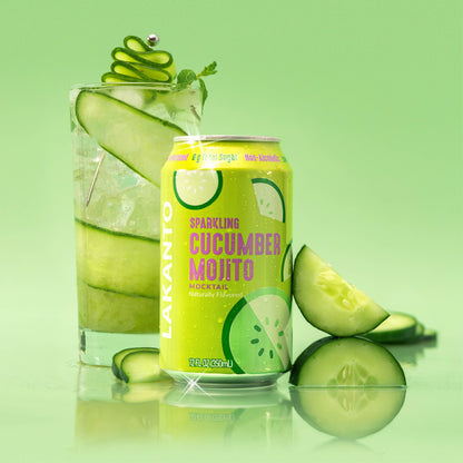 Can of Lakanto sparkling cucumber mojito mocktail with a glass and cucumber slices on a green background. Naturally flavored. Non alcoholic cocktail. Monk fruit with allulose sweetener.