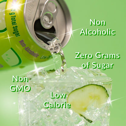 Lakanto Cucumber Mojito flavored drink being poured with health benefits text on a green background. Naturally flavored. Monk fruit with allulose sweetener. Non alcoholic cocktail . Zero grams of sugar. Low calorie. Non gmo. 