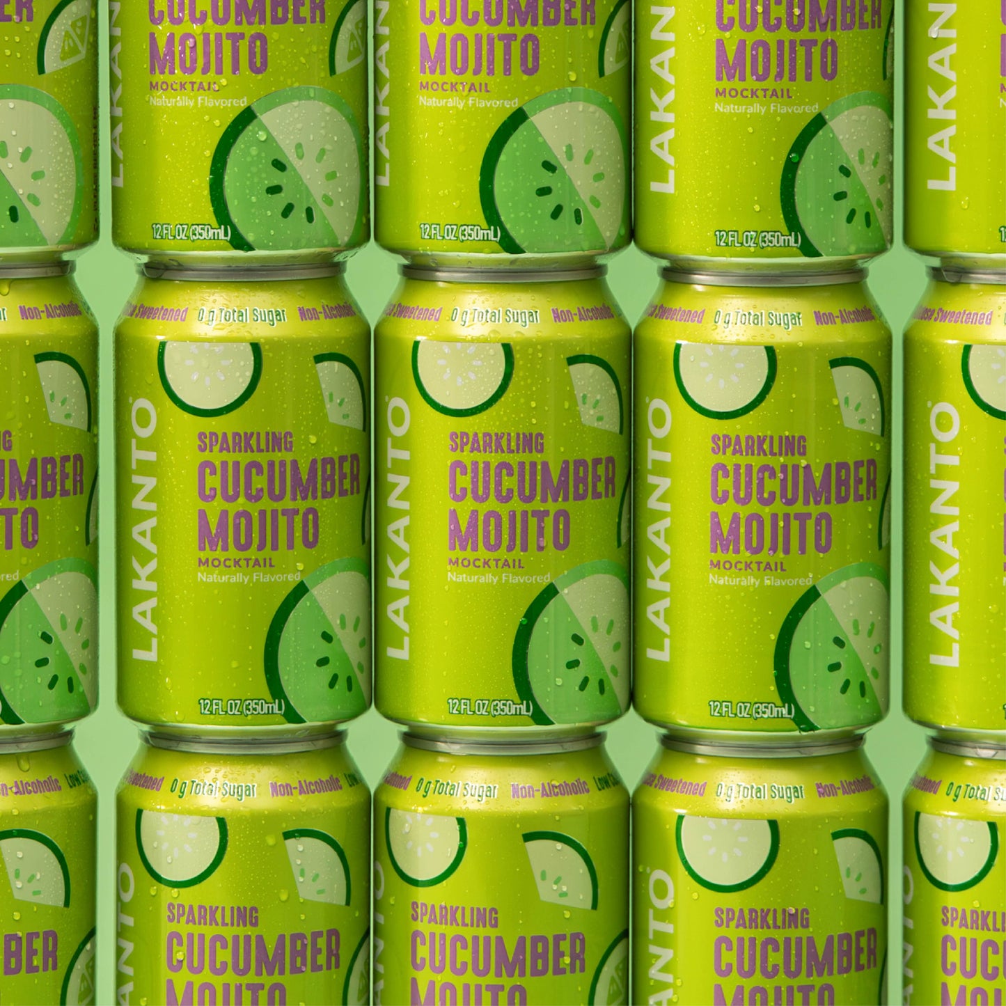Multiple cans of Lakanto Sparkling Cucumber Mojito Mocktail on a green background. Naturally flavored. Monk fruit with allulose sweetener. Non alcoholic cocktail.  