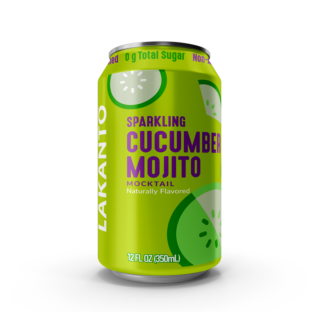 Lakanto Sparkling Cucumber Mojito mocktail can on a white background. Naturally flavored. Monk fruit with allulose sweetener. Non alcoholic cocktail.