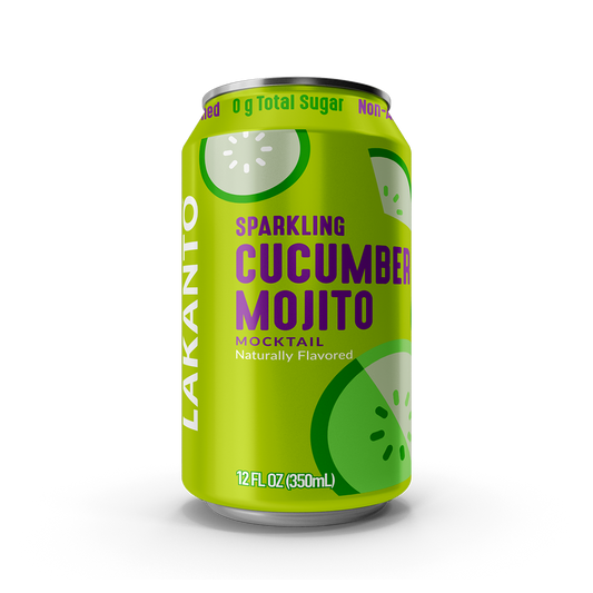 Lakanto Sparkling Cucumber Mojito mocktail can on a white background. Naturally flavored. Monk fruit with allulose sweetener. Non alcoholic cocktail.