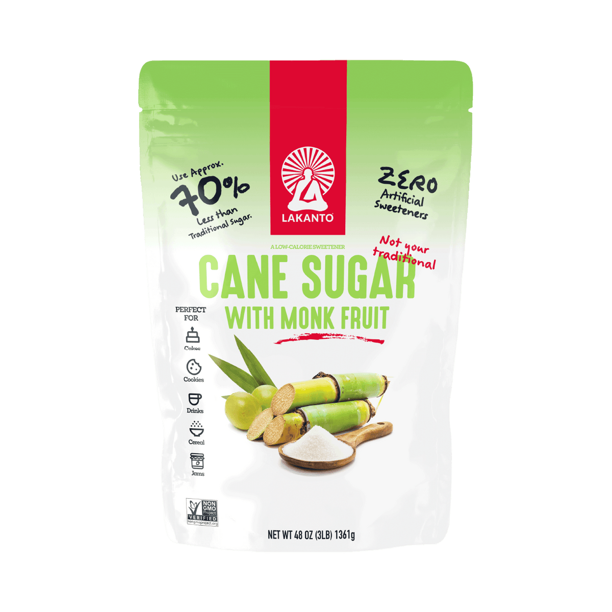 A stand-up pouch of Lakanto Cane Sugar with Monk Fruit on a plain white background. The packaging is white and light green with a bold red vertical band and black and green text.