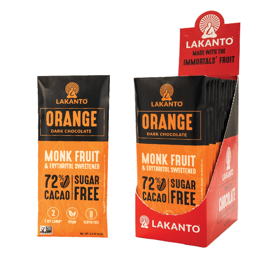 Two boxes of Lakantos Orange Sugar-Free Chocolate Bars featuring 72% cacao, monk fruit, and erythritol—each vegan, gluten-free bar offers a sweet, guilt-free experience with just 2 net carbs. The dark chocolate is shown with a box next to an open package.