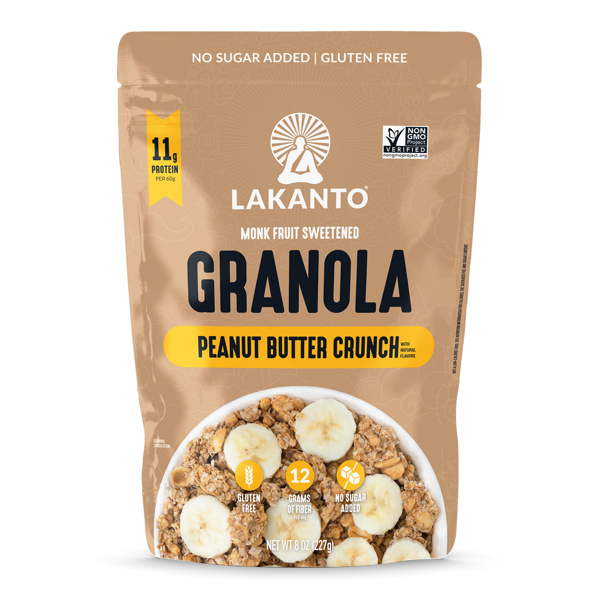 A stand-up pouch of Lakanto Monk Fruit Sweetened Granola in Peanut Butter Crunch flavor, shown on a plain white background. The packaging is tan with black and yellow text and a bowl photo of granola with banana slices on the front.