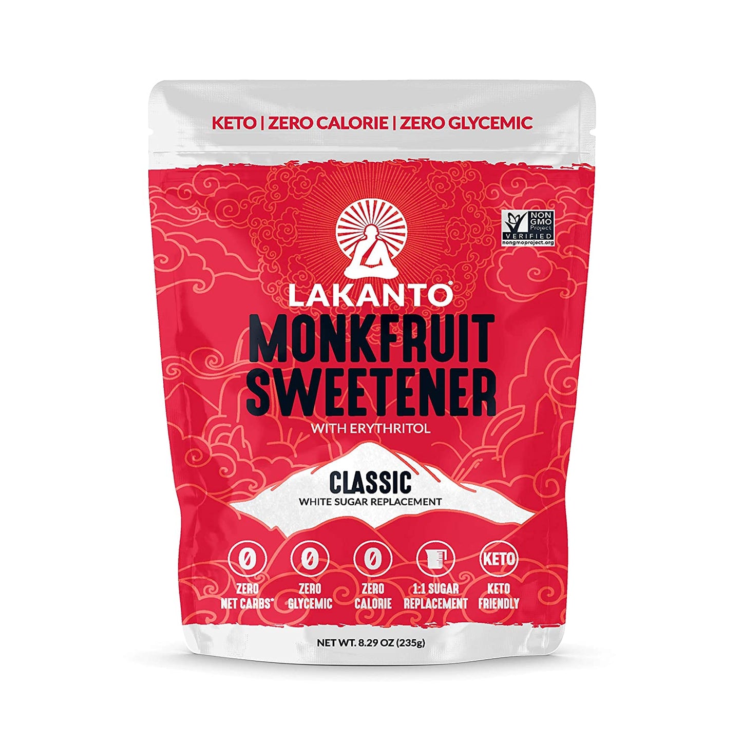 Lakanto Classic Monk Fruit Sweetener White Sugar Replacement. Lakanto Classic Monk Fruit Sweetener is the perfect white sugar substitute. Get this 0 calorie, 0 glycemic sugar alternative, and put your health first today! The best monkfruit sweetener. | 1:1 White Sugar Replacement | Zero calories | Zero Glycemic | Zero Carbs | Keto Diet Friendly