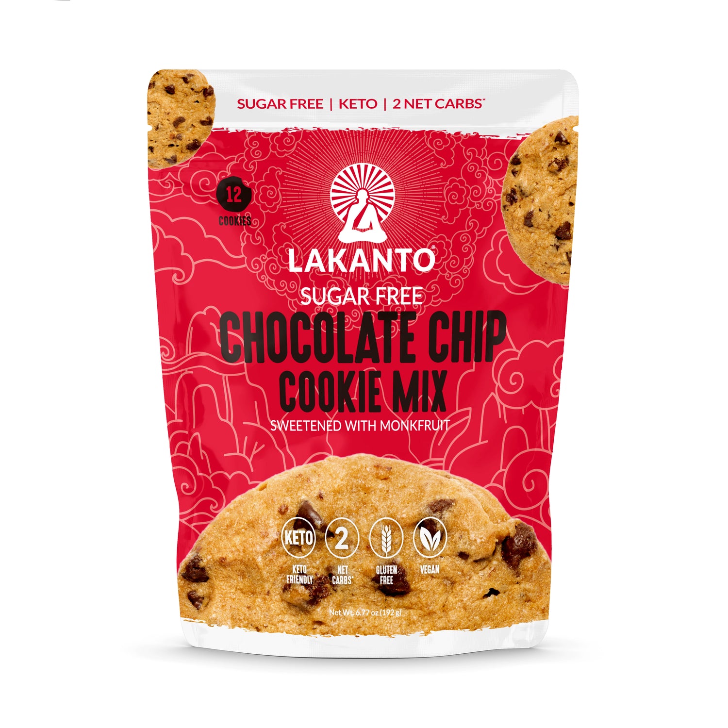 Lakantos vibrant red Sugar-Free Chocolate Chip Cookie Mix packaging features a tempting cookie image and highlights Keto and Gluten-Free. Enjoy these keto-friendly treats with only 2 net carbs, sweetened with monk fruit. Each package makes 12 tasty cookies.