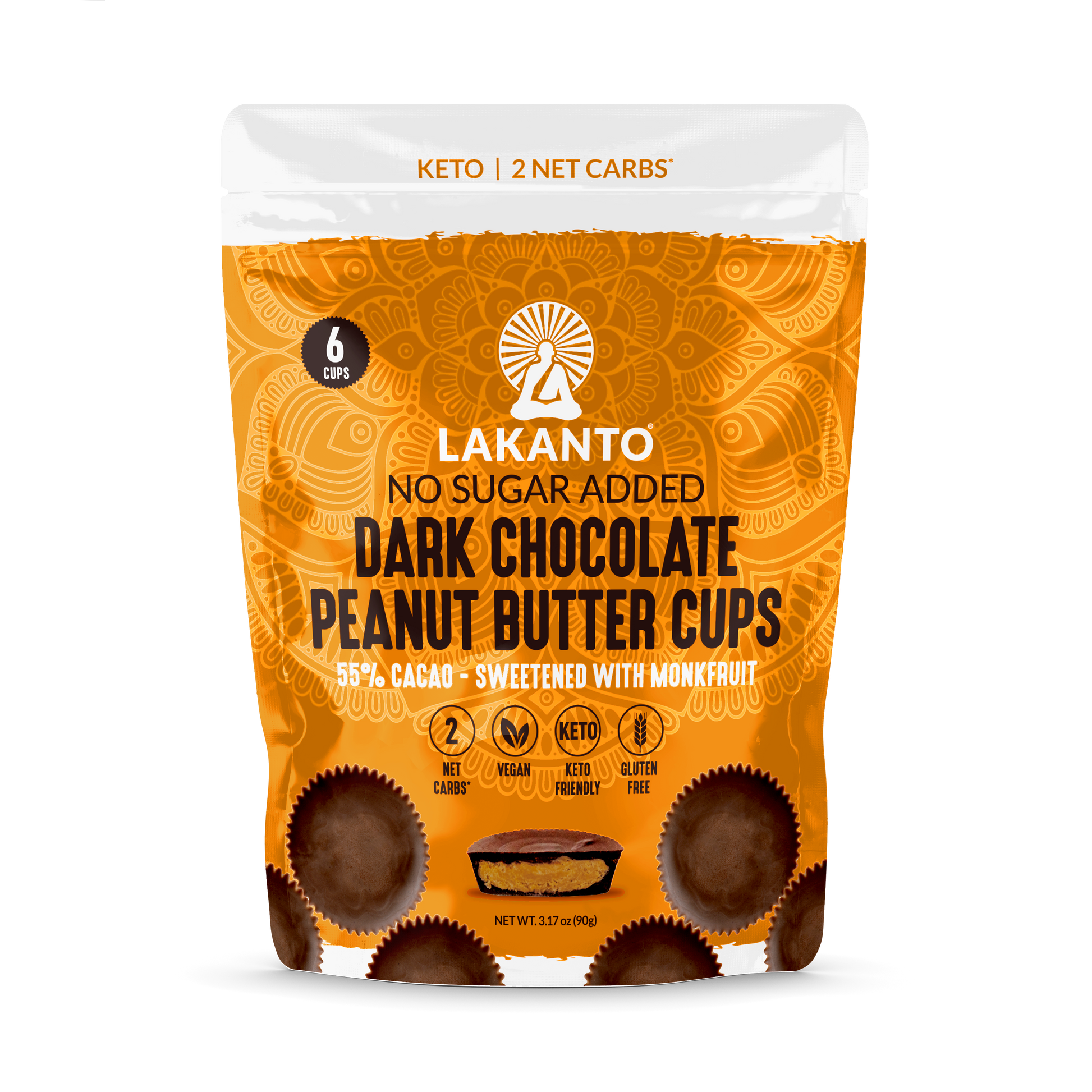 The front cover of Lakanto's dark chocolate peanut butter cups pouch. 