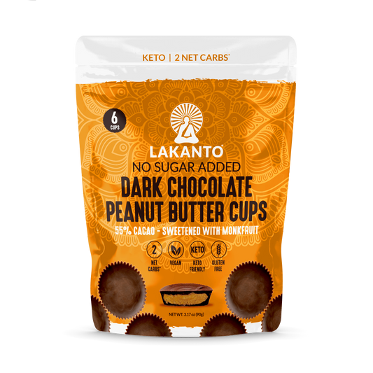 The front cover of Lakanto's dark chocolate peanut butter cups pouch. 