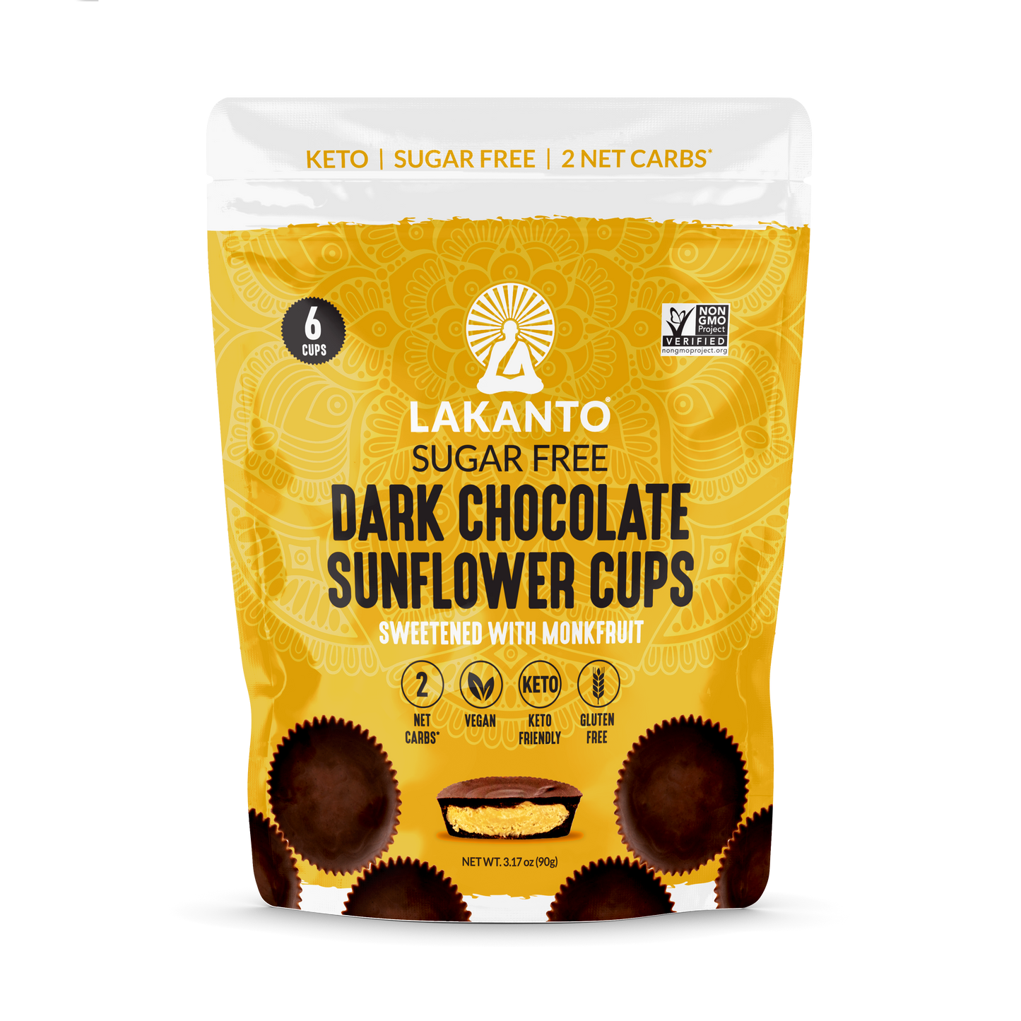 The front cover of Lakanto's sugar-free dark chocolate sunflower butter cups sweetened with monk fruit pouch. 