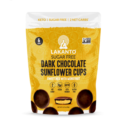 The front cover of Lakanto's sugar-free dark chocolate sunflower butter cups sweetened with monk fruit pouch. 
